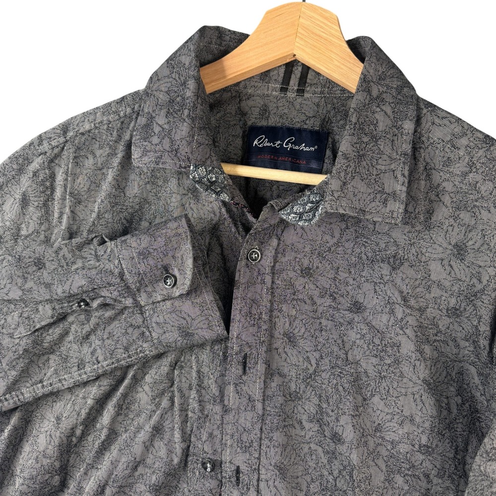 Robert Graham Modern Americana Gray Floral Cotton Tailored Fit Button Shirt L